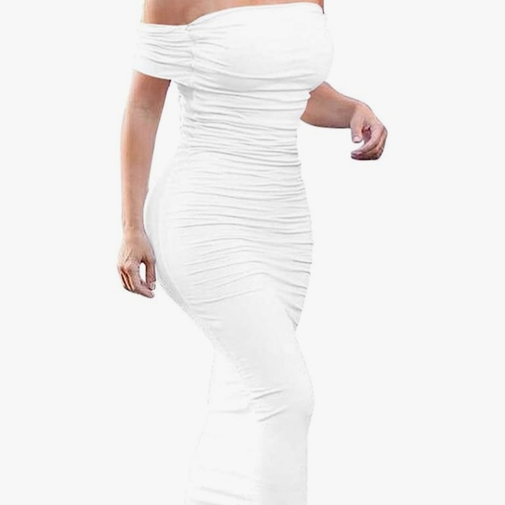 Ruched Off Shoulder Short Sleeve Bodycon Midi Elegant Cocktail Party Dress.